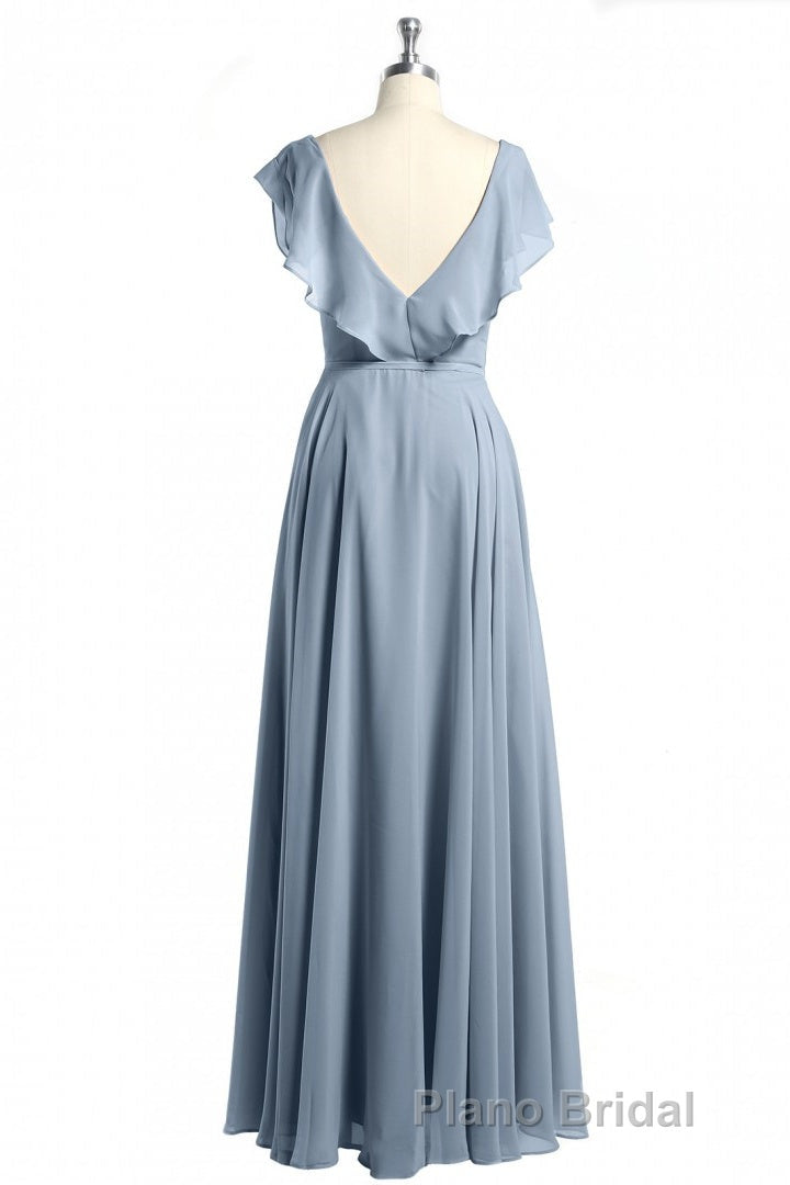 Dusty Blue V-Neck Backless Ruffled A-Line Long Bridesmaid Dresses Secondary image