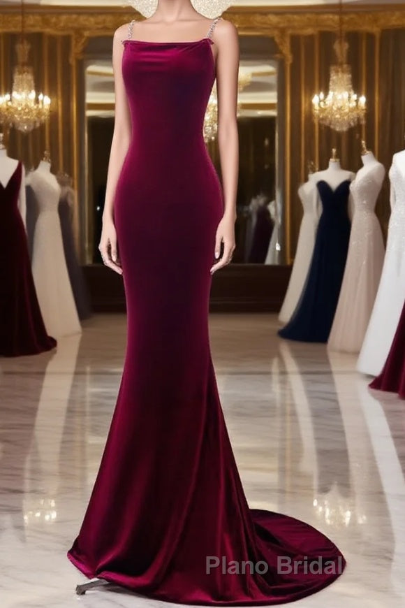 Simple Velvet Mermaid Burgundy Long Formal Prom Dress, Burgundy Long Formal Dress