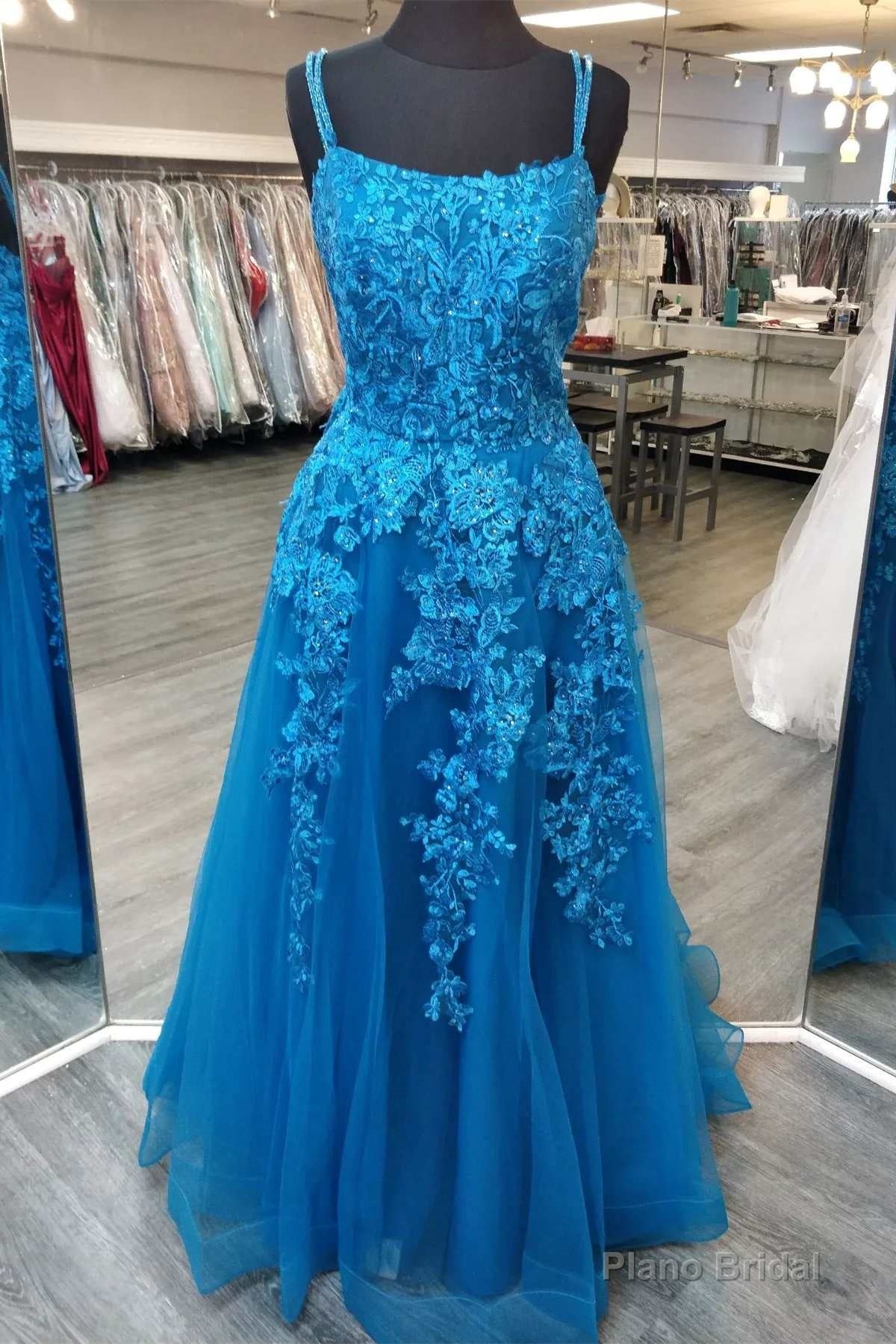 Blue Floral Appliques Straps A-Line Prom Gown Main image