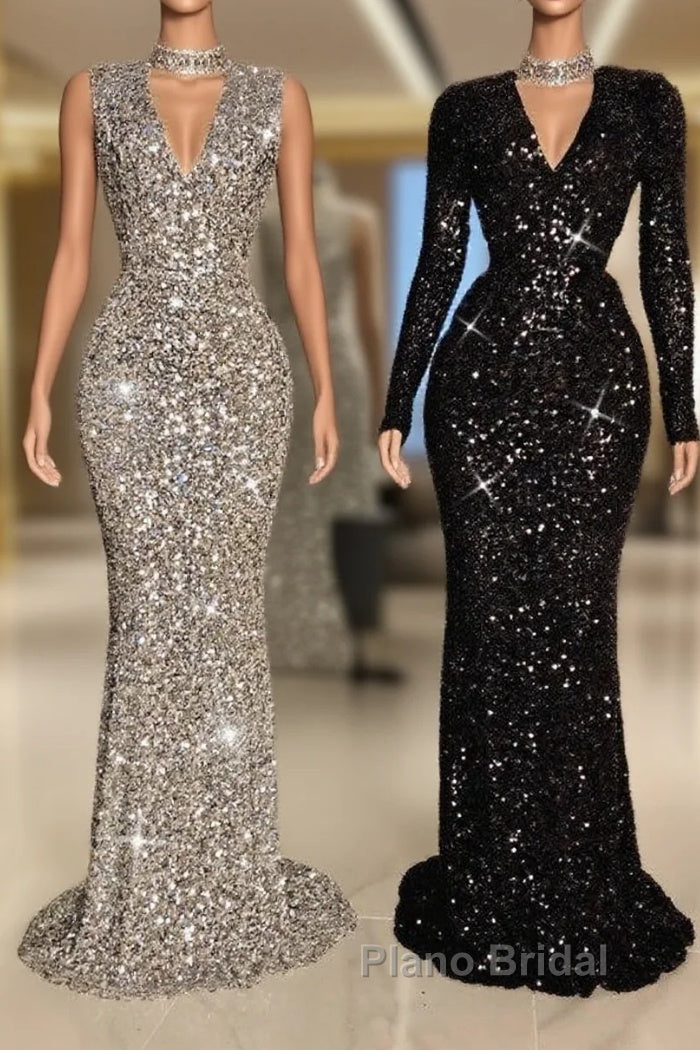 Glitter Long V-neck Sequined Floor Length Mermaid Formal Prom Dresses with Sleeves Main image