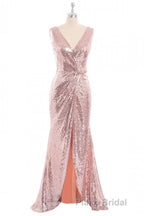 Rose Gold Sequin V-neck Long Prom Dresses with Slit