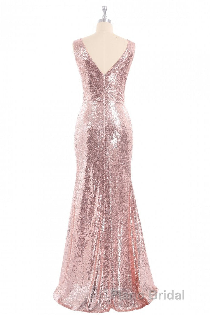 Rose Gold Sequin V-neck Long Prom Dresses with Slit Secondary image