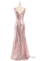 Rose Gold Sequin V-neck Long Prom Dresses with Slit