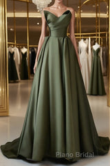A-Line V Neck Satin Green Long Formal Prom Dress, Green Long Formal Dress
