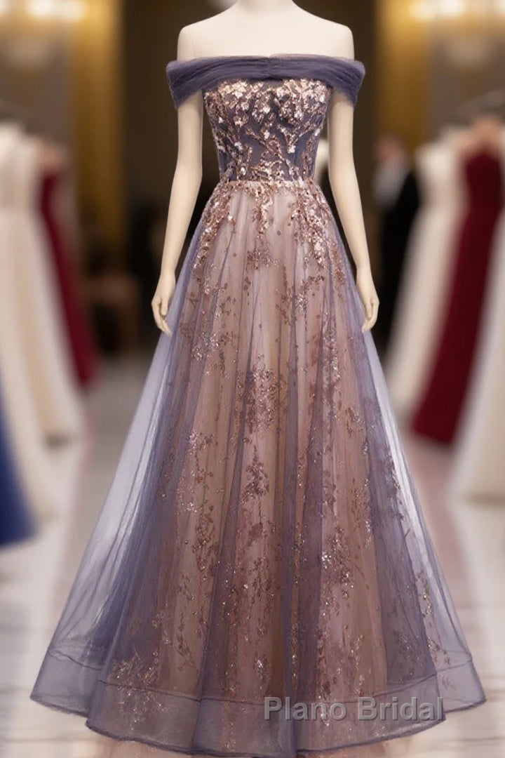 Unique Tulle Off Shoulder Lace Long Formal Prom Dresses, Lace Prom Dresses Main image