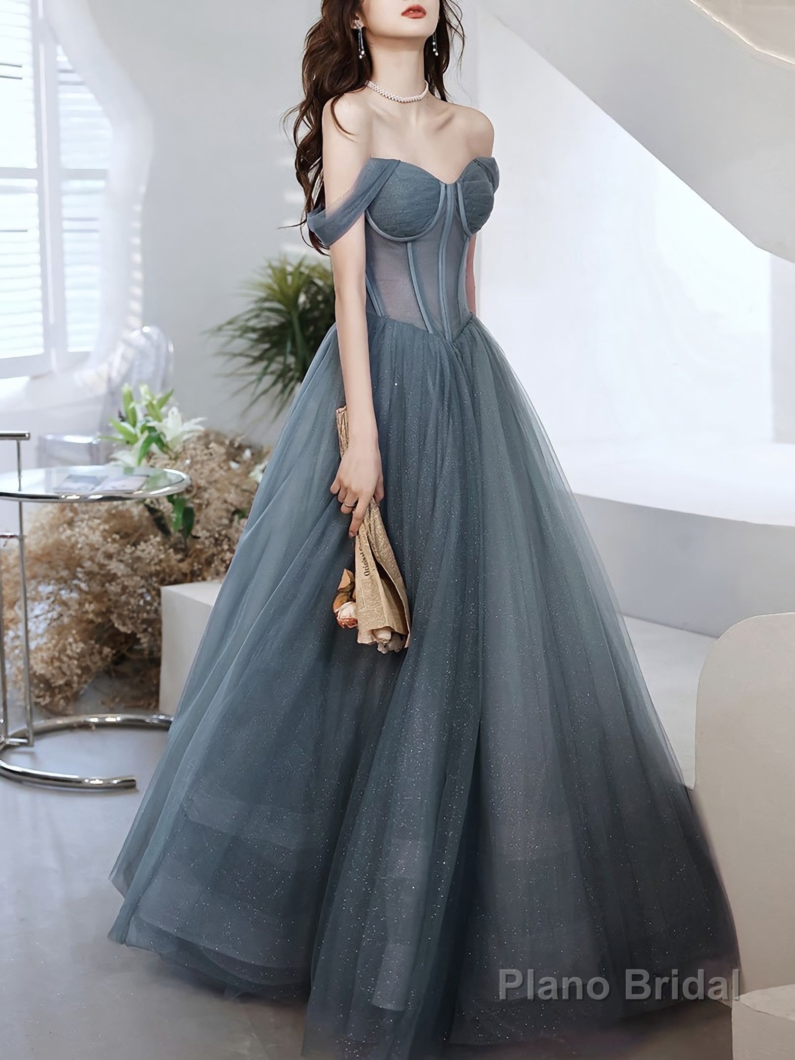 A Line Sweetheart Neck Gray Blue Tulle Long Prom Dress, Blue Evening Dress
