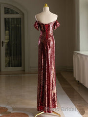 Simple Off Shoulder Sequin Burgundy Long Prom Dress, Burgundy Long Evening Dress