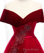 Burgundy Tulle Off Shoulder Long Formal Prom Dresses, Burgundy Prom Dresses