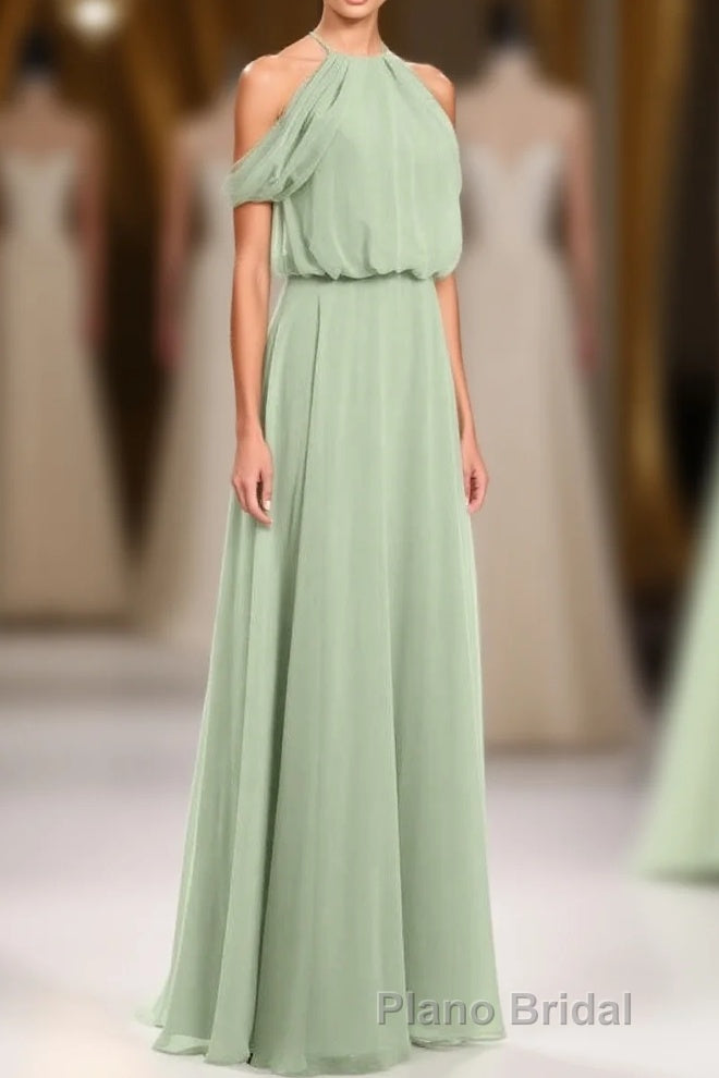 Sage Green Chiffon Halter Blouson-Style Long Bridesmaid Dresses Main image