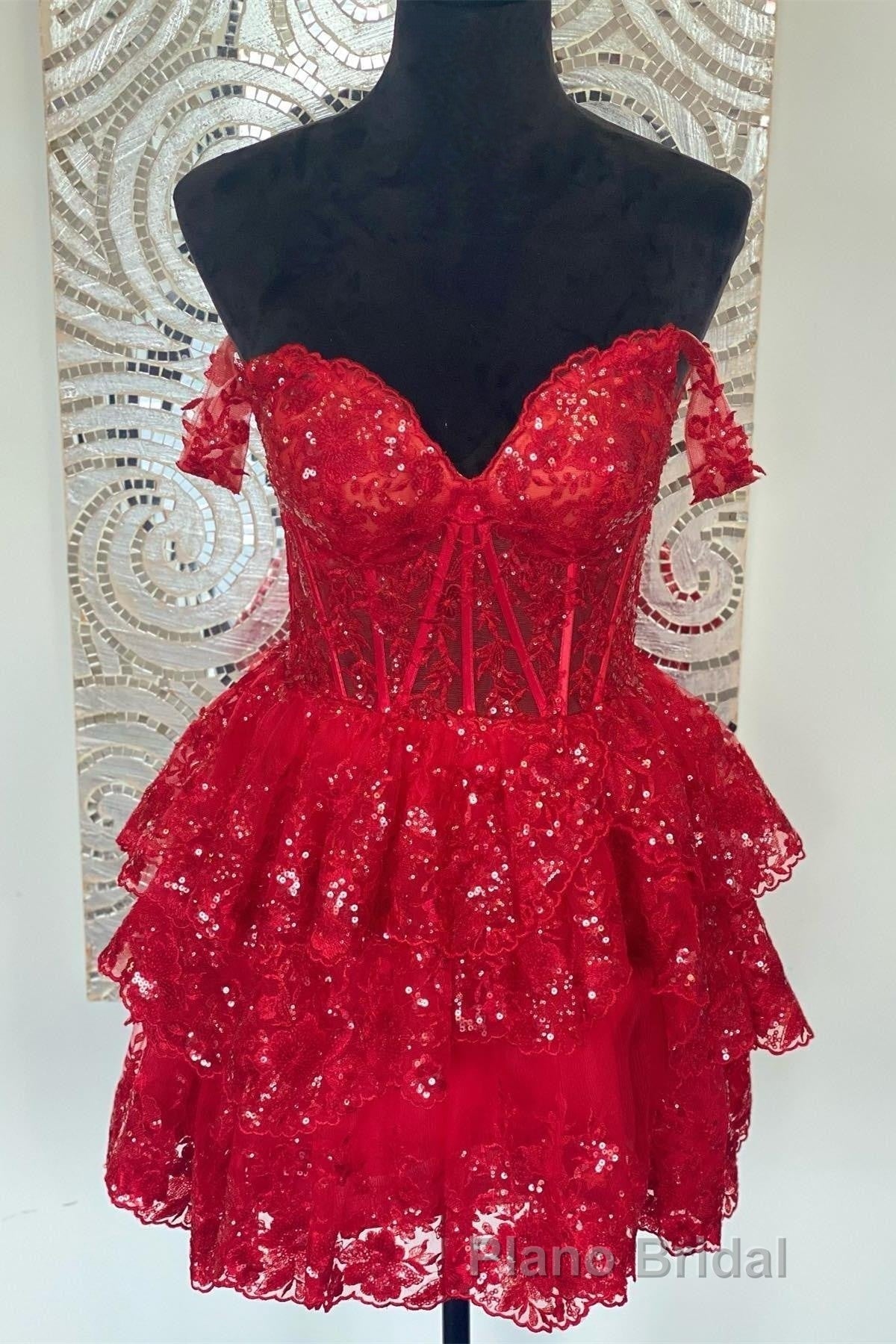 Red Off-the-Shoulder Lace Multi-Layers Appliques Sequins Homecoming Dresses Secondary image
