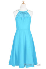 Pool Blue Chiffon Halter Short Bridesmaid Dresses
