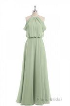 Sage Green Chiffon Halter Blouson-Style Long Bridesmaid Dresses