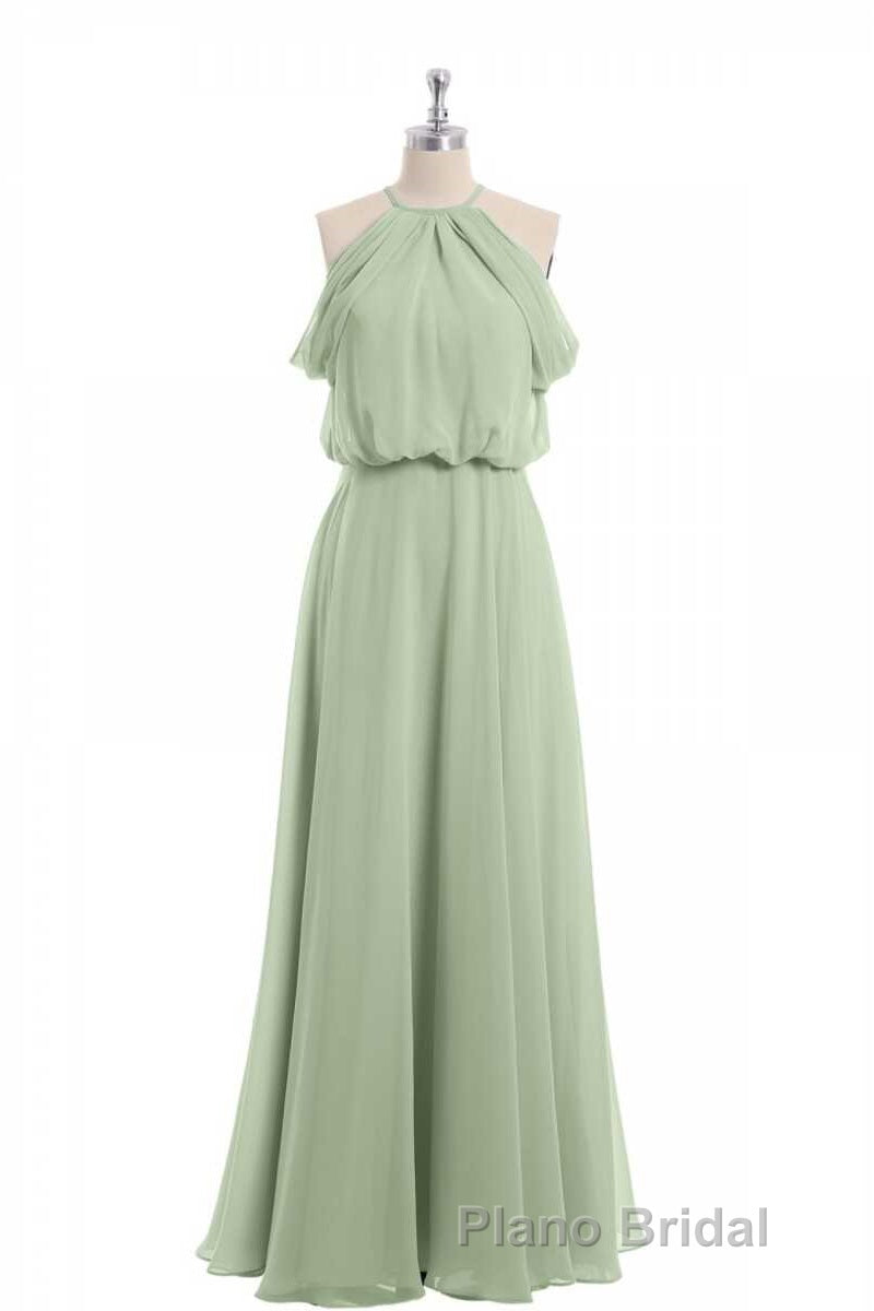 Sage Green Chiffon Halter Blouson-Style Long Bridesmaid Dresses