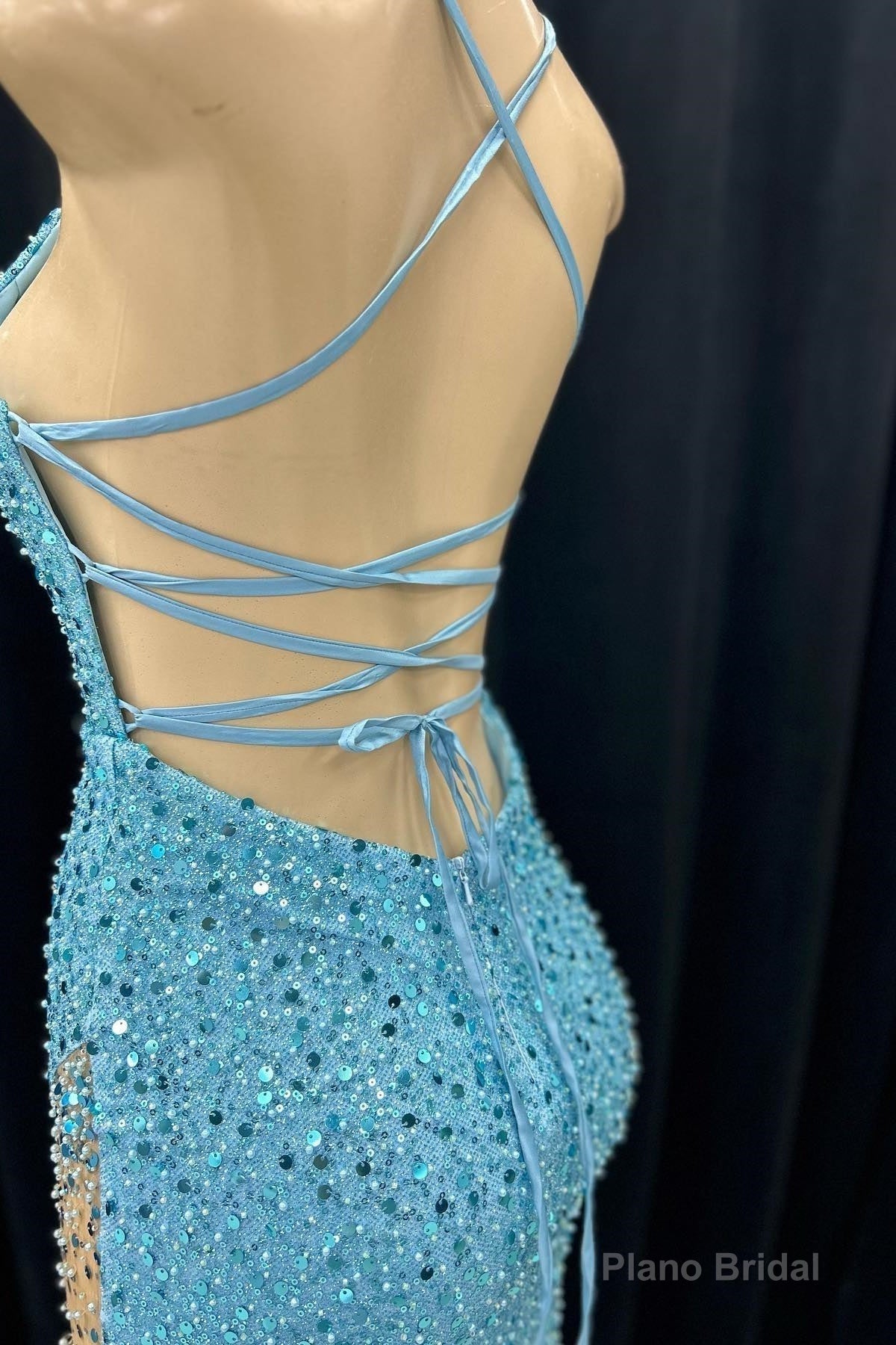 Blue Mermaid Sequins V Neck Lace-Up Back Long Prom Dress with Slit Secondary image