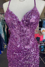 Purple Straps Sequined Embroidery Sheath Homecoming Dresses