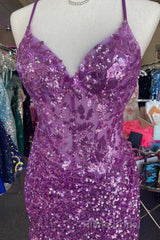 Purple Straps Sequined Embroidery Sheath Homecoming Dresses