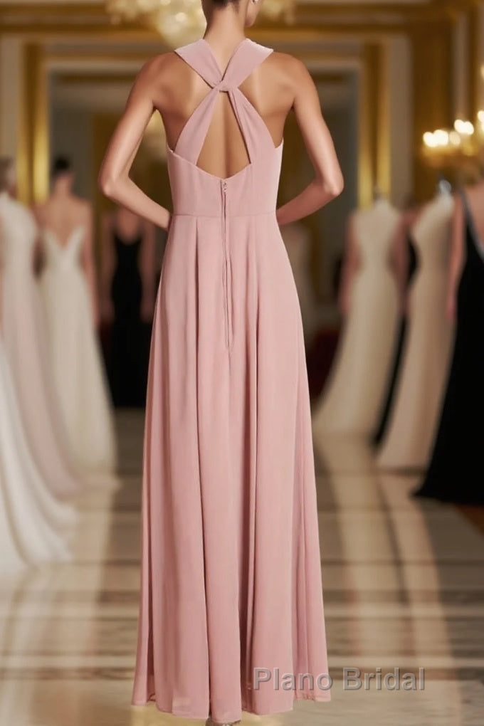 Dusty Pink Twist-Front Backless Long Prom Dresses Main image