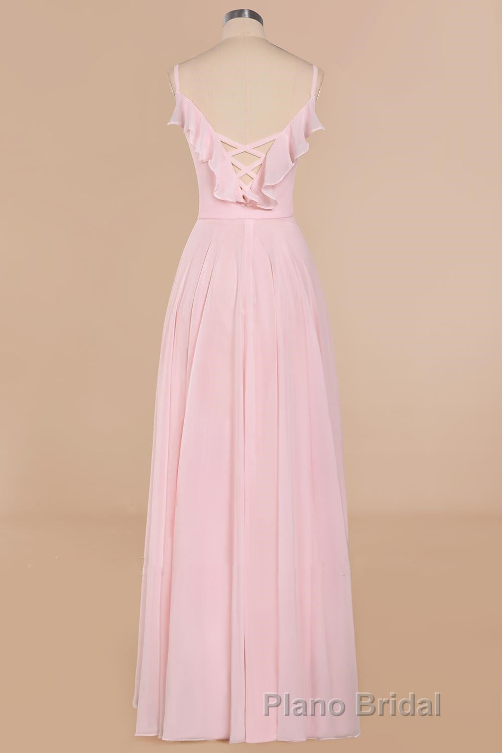 Pink Ruffle Lace-Up A-Line Long Bridesmaid Dresses