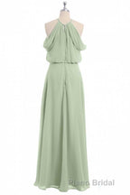 Sage Green Chiffon Halter Blouson-Style Long Bridesmaid Dresses