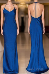 Mermaid Halter Royal Blue Satin Long Formal Prom Gown