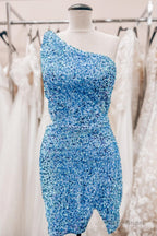 Sky Blue One Shoulder Sequins Sheath Cut-Out Homecoming Dress