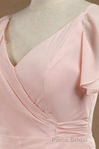 Blush Pink V-Neck Ruffled Long Bridesmaid Dresses