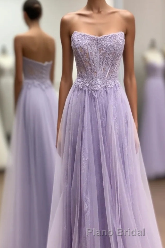 Strapless Lavender A-line Long Prom Dresses