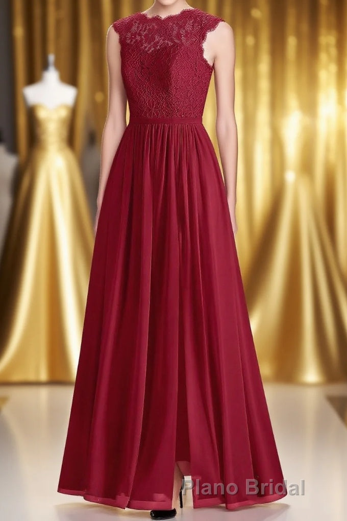 Red Lace Cap Sleeve A-Line Long Bridesmaid Dresses Main image
