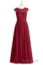 Red Lace Cap Sleeve A-Line Long Bridesmaid Dresses