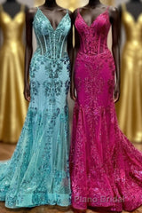 Fuchsia Mermaid Sequined Embroidery Tulle Long Formal Prom Dresses