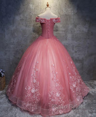 Pink Tulle Lace Off Shoulder Long Formal Prom Dress, Pink Tulle Evening Dress, 1