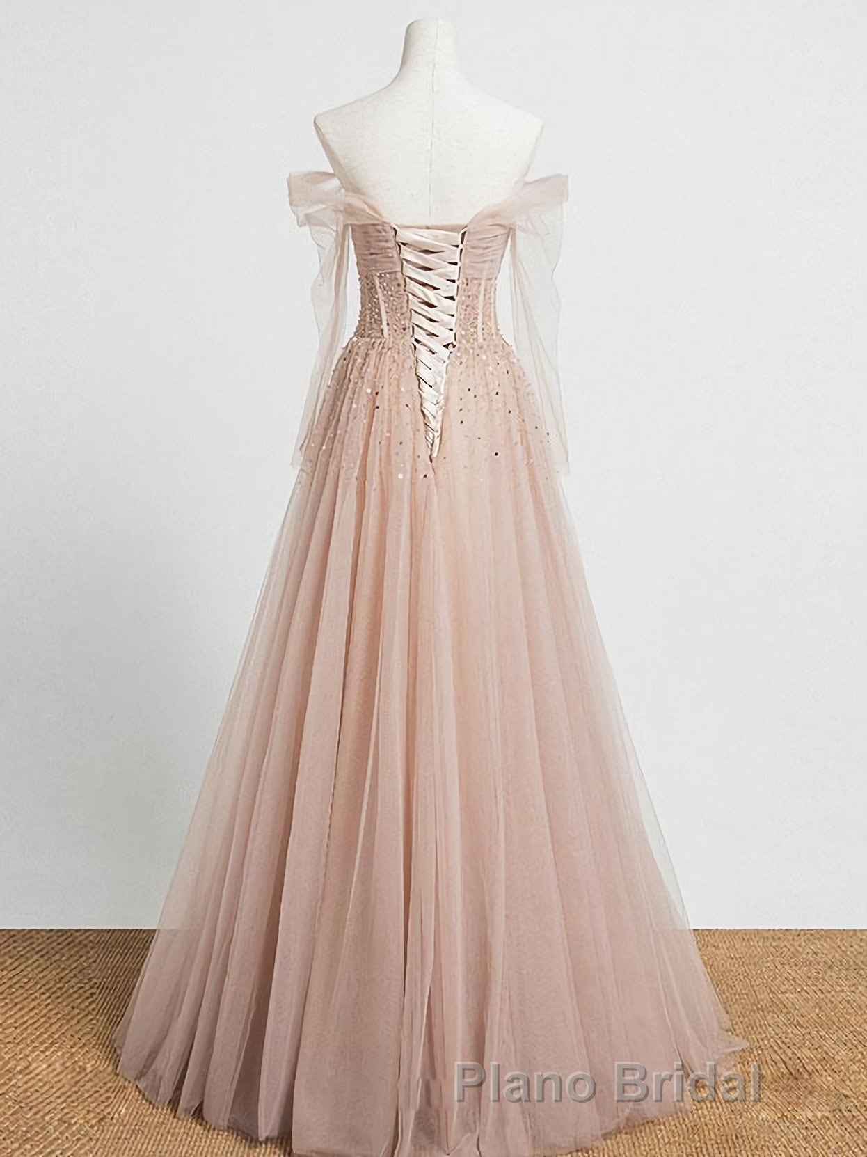 Champagne Pink Tulle Beads Long Formal Prom Dresses, Champagne Evening Dresses