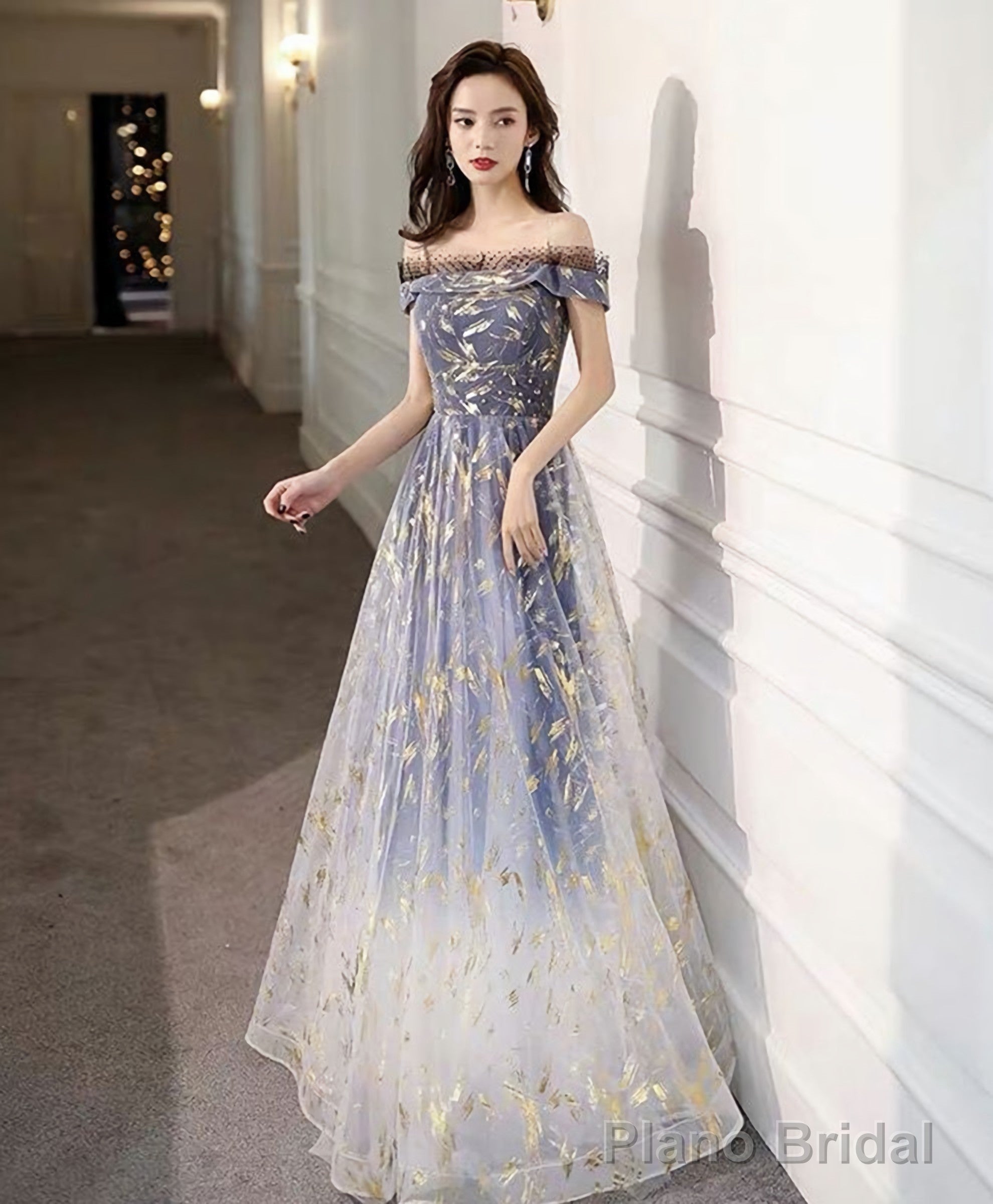 Blue Tulle Off Shoulder Lace Long Prom Dress Tulle Formal Dress