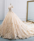 Unique Champagne Tulle Lace Long Wedding Dress, Bridal Gown