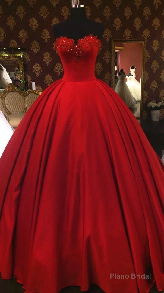 red tulle ball gowns floor length prom dresses strapless beading wedding dresses bridal dress Main image