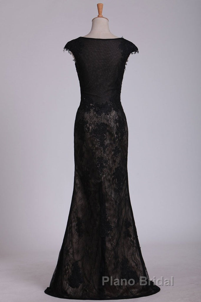 Black Off The Shoulder Sheath Formal Prom Dresses Lace&Tulle Floor Length With Applique & Slit Secondary image