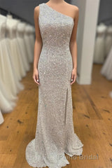 One Shoulder Ivory Sequined Long Party Dresses