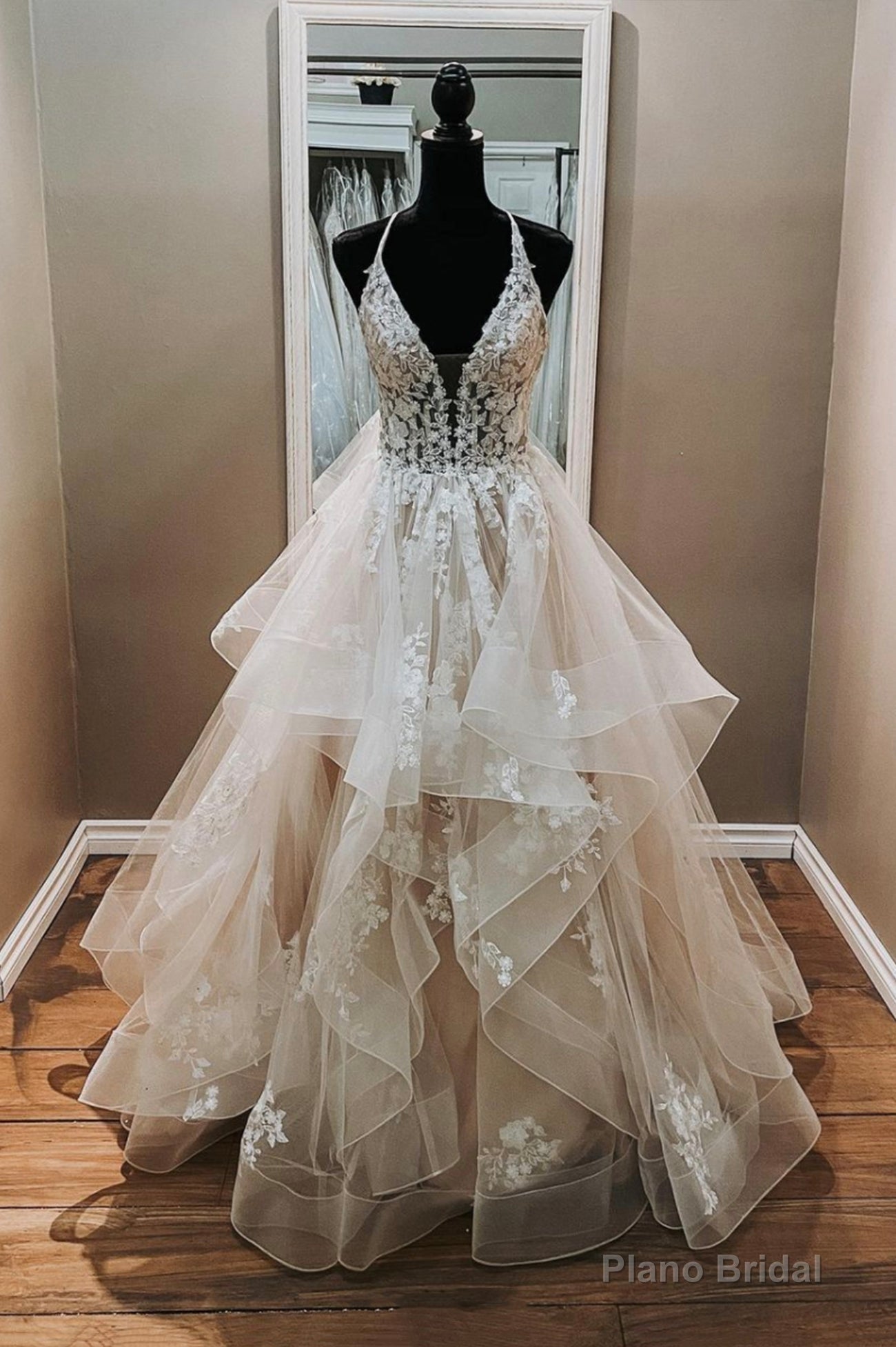 Champagne V-Neck Tulle Long Prom Dresses, A-Line Formal Evening Dresses Main image