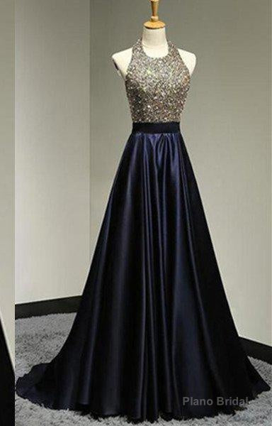 Halter Beading Backless Sweep Train A-Line/Princess Satin Prom Dresses Main image