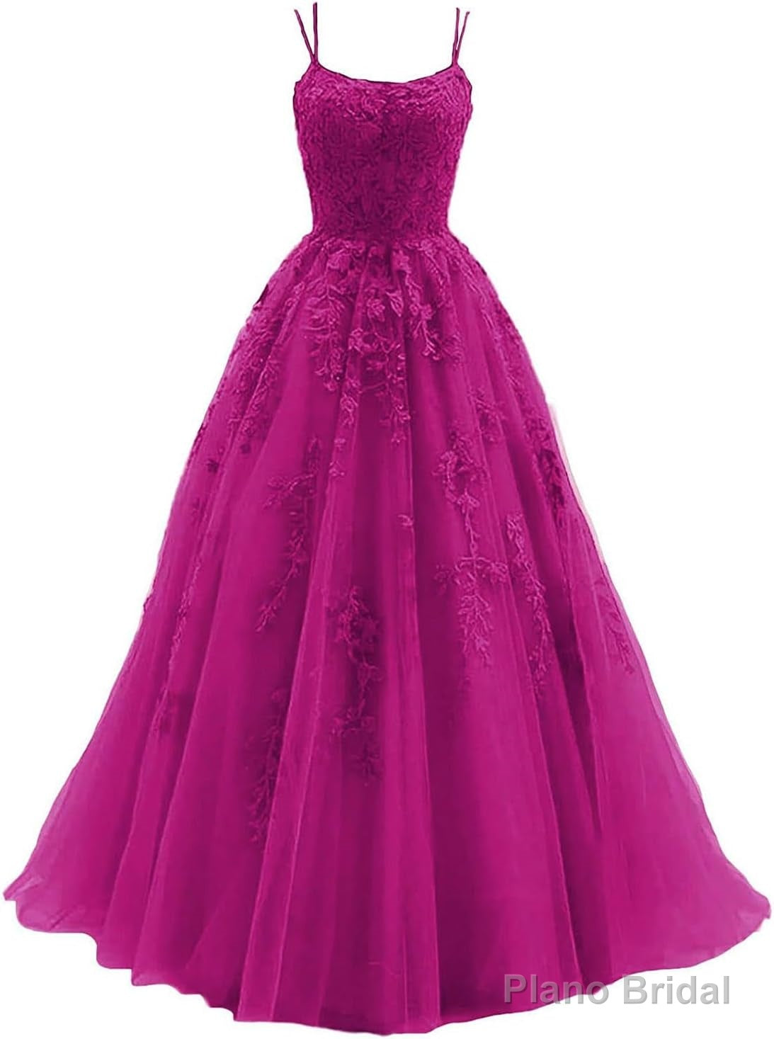 Womens Lace Appliques Prom Dresses Long Spaghetti Strap Ball Gowns Tulle Formal Dress for Party