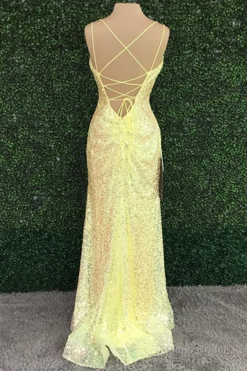 Yellow Sequin V-Neck Lace-Up Back Long Prom Dress with Slit Secondary image