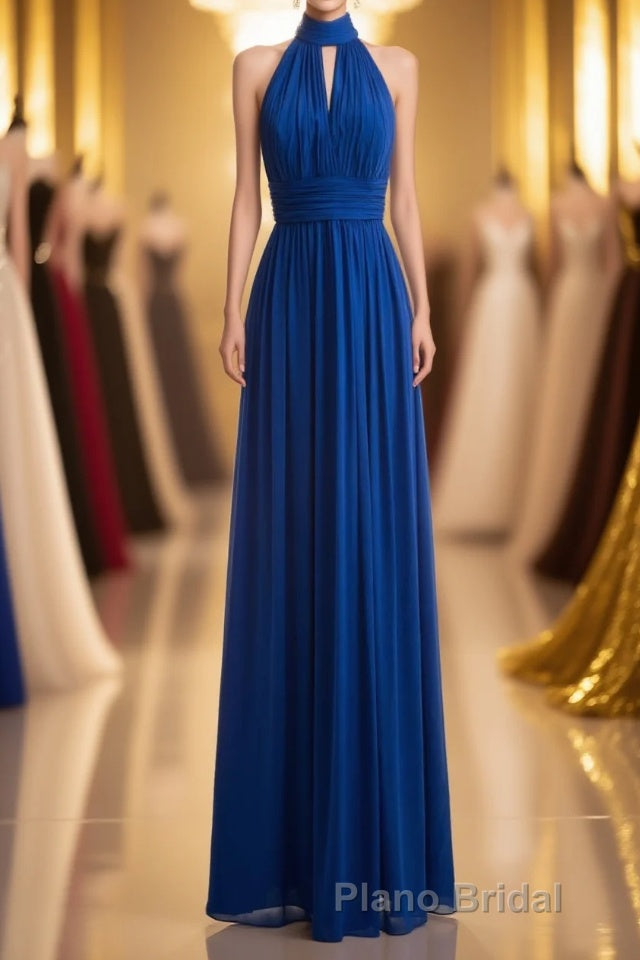 Royal Blue Chiffon Halter Keyhole Long Prom Dresses
