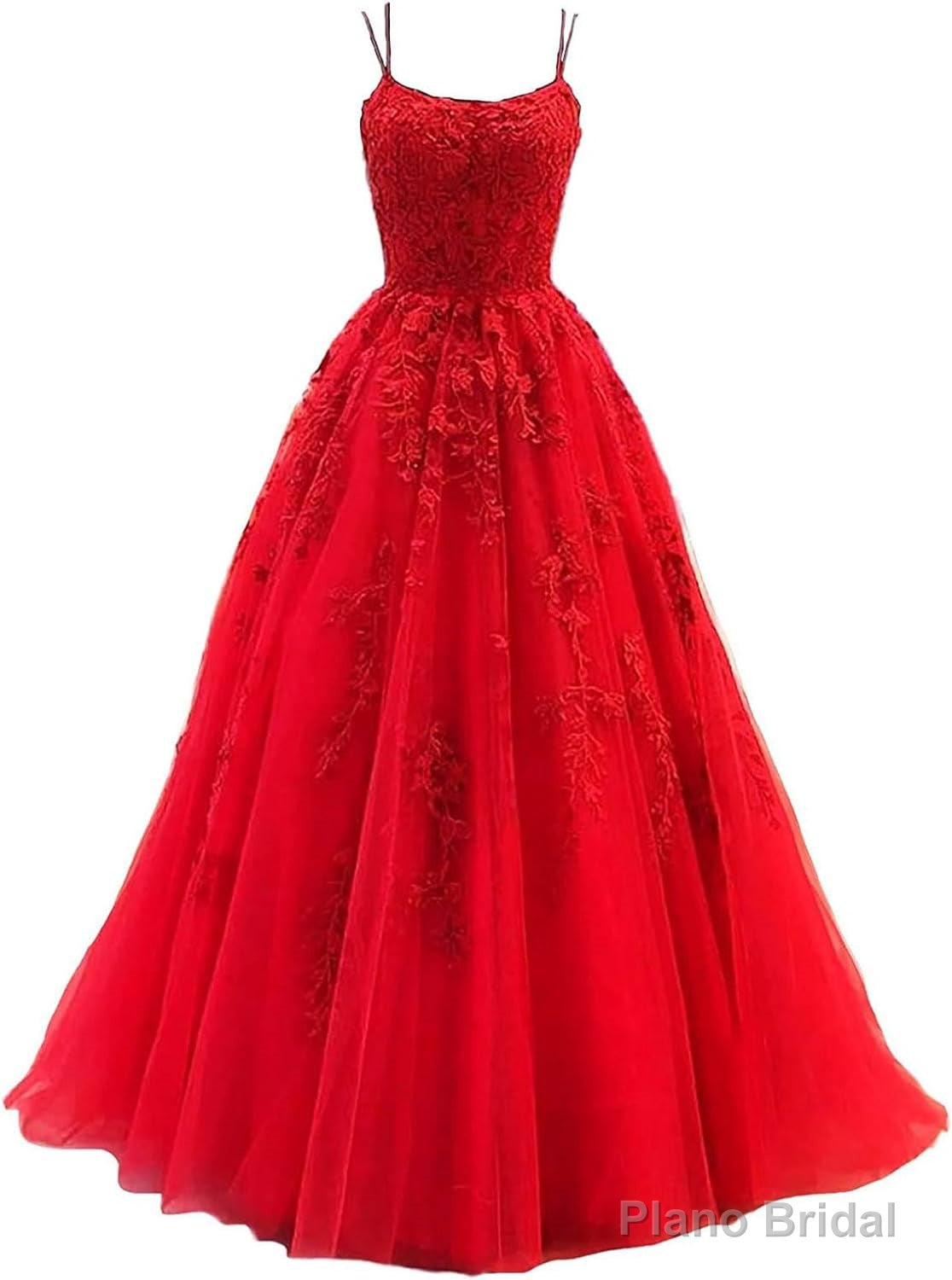 Womens Lace Appliques Prom Dresses Long Spaghetti Strap Ball Gowns Tulle Formal Dress for Party