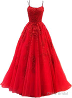 Womens Lace Appliques Prom Dresses Long Spaghetti Strap Ball Gowns Tulle Formal Dresses for Party