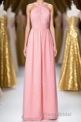 Pink Chiffon Halter Backless A-Line Long Bridesmaid Dresses