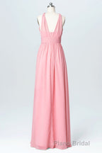 Pink Chiffon Halter Backless A-Line Long Bridesmaid Dresses