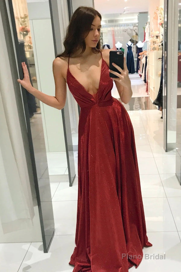 Red Spaghetti Straps V-neck Long Prom Dress, Shiny A Line Party Gown