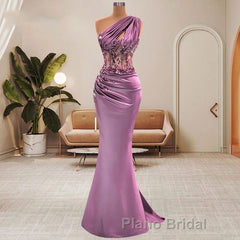 Lilac One Shoulder Mermaid Formal Prom Dress with Beads