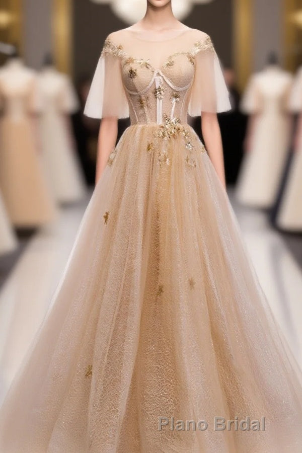 Champagne Round Neck Tulle Lace Long Formal Prom Dresses, Prom Dresses Main image