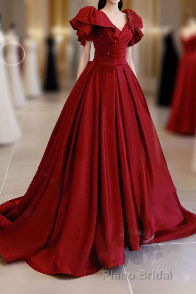 Simple Burgundy Satin Long Formal Prom Dresses, Burgundy Long Evening Dresses Main image